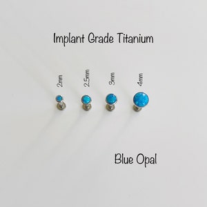 May include: Four implant grade titanium body jewelry studs with blue opal tops. The studs are 2mm, 2.5mm, 3mm, and 4mm in size.