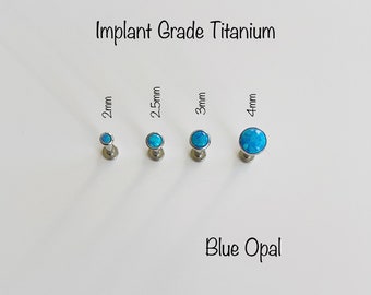 20g 18g 16g BLUE Opal Push In Bezel Setting Titanium Labret, Tiny Blue Opal 2mm/2.5mm/3mm/4mm Hypoallergenic Grade23 Titanium