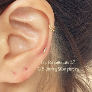 Tiny BAR Baguette with CZ piercing (Single), 925 Sterling Silver Baguette and CZ cartilage helix tragus conch piercing