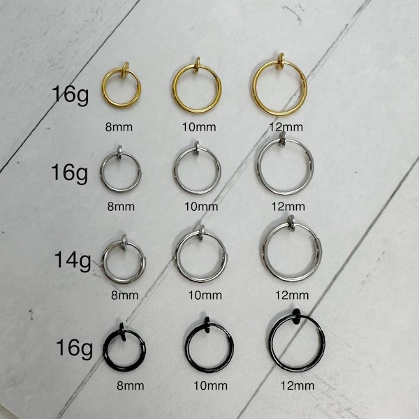 Clip on hoop earring, Non pierced earring, Ear Cuff No piercing with spring action, surgical steel, conch, helix, cartilage, nose
