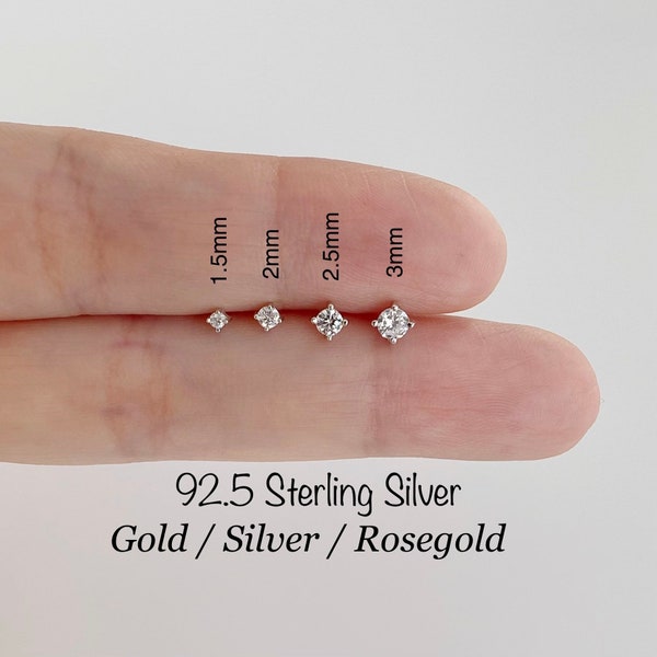 Teeny Tiny CZ Standard Earrings (PAIR), 1.5mm/2mm/2.5mm/3mm CZ Studs 92.5 Sterling Silver earrings with butterfly backs, Minimalist Earrings