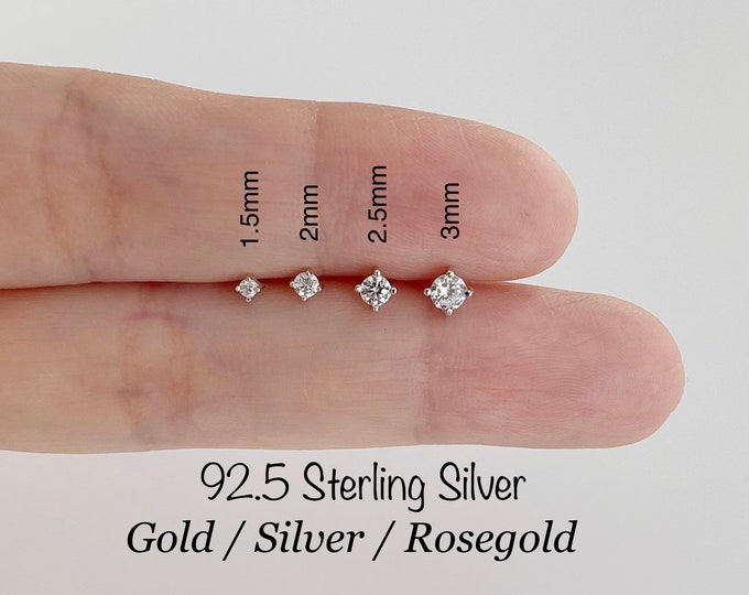 Teeny Tiny CZ Standard Earrings (PAIR), 1.5mm/2mm/2.5mm/3mm CZ Studs 92.5 Sterling Silver earrings with butterfly backs, Minimalist Earrings