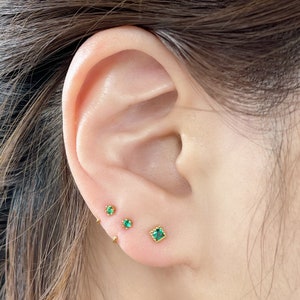Emerald CZ Open Huggie Hoop Earring Single or Pair 92.5 Sterling Silver 2mm Green CZ Stud Earring, Hypoallergenic Minimalist studs image 2