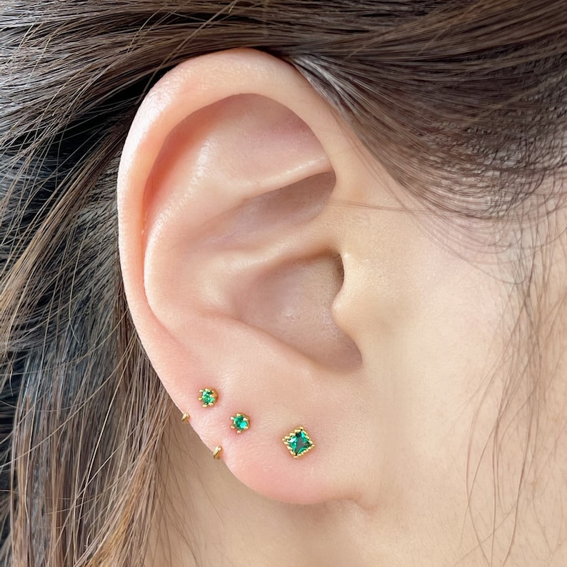 Emerald CZ Open Huggie Hoop Earring Single or Pair 92.5 Sterling Silver 2mm Green CZ Stud Earring, Hypoallergenic Minimalist studs image 2