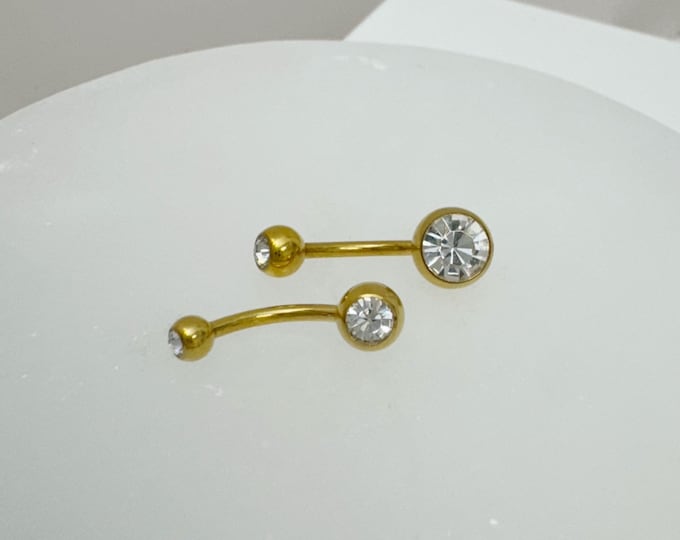 Implant Grade Titanium Externally Threaded Double CZ Bezel Set Belly Button Ring