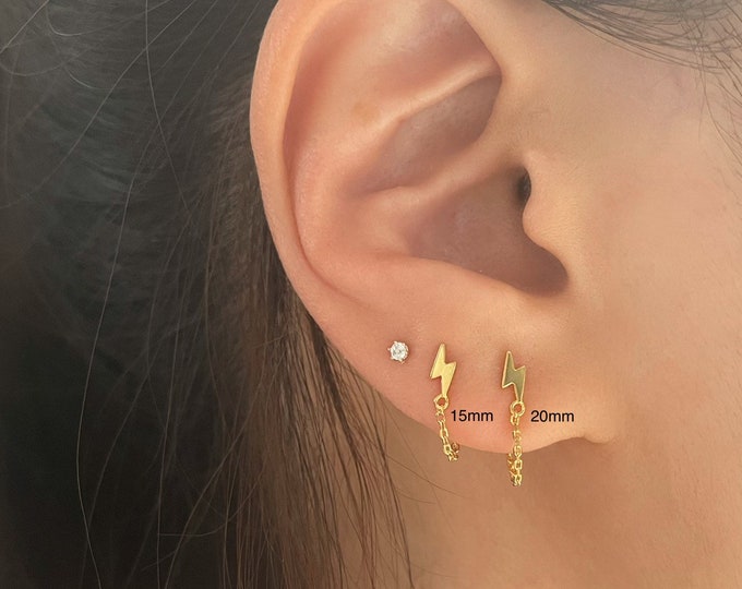 Lightning Bolt with Chain Hoop earring, Dainty minimalist 925 Sterling Silver earrings