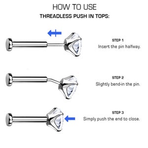 May include: Diagram illustrating how to use threadless push-in tops. The steps show inserting the pin halfway, bending the pin slightly, and pushing the end to close. The text reads "HOW TO USE THREADLESS PUSH IN TOPS:" and "STEP 1, 2, 3".