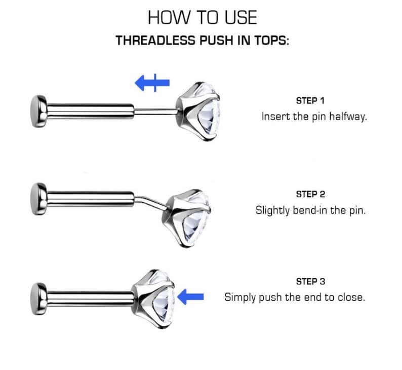 May include: Diagram illustrating how to use threadless push-in tops. The steps show inserting the pin halfway, bending the pin slightly, and pushing the end to close. The text reads "HOW TO USE THREADLESS PUSH IN TOPS:" and "STEP 1, 2, 3".