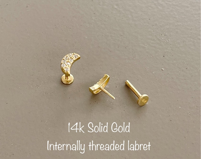 14k Solid Gold CZ Half Moon Top Labret Piercing(Single), 14k Solid Gold Internally Threaded labret Tragus, Mid Cartilage, Helix, Conch