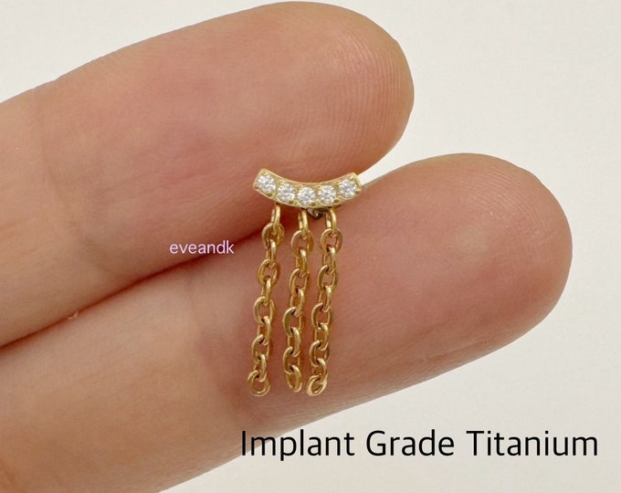 20g 18g 16g Helix CZ Curved with Triple Chain Dangle Push-In Piercing, ASTM F-136 Implant Grade Titanium, flat piercing, helix labret