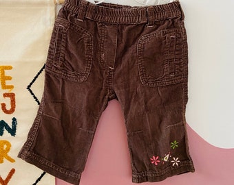 VINTAGE 90's Brown Floral Cord Trousers - 12 MONTHS