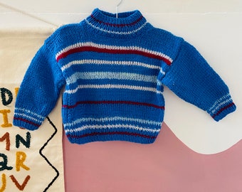 VINTAGE 70's Blue & Red Stripe Jumper - 12 MONTHS