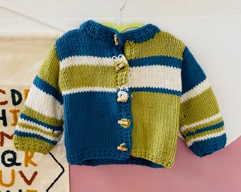 VINTAGE 90'S Green & Blue Stripe Cardigan - 2 YEARS