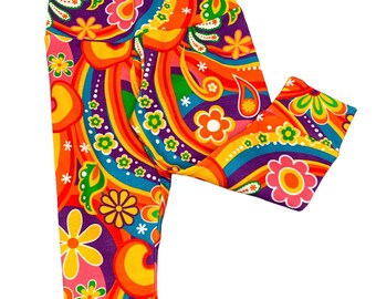 Retro Floral Baby Leggings, Organic Knit Baby Joggers, Psychedelic Flower Power Leggings, Girl Baby Leggings