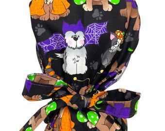 Halloween Ponytail Scrub Cap, Dog Ponytail Scrub Cap, Surgical Scrub Cap, Scrub Cap, Halloween Scrub Cap