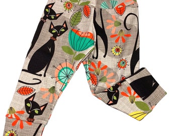 Retro Cat Baby Leggings, Organic Knit Baby Leggings, Girl Baby Leggings, Cat Leggings