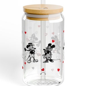 Vaso de cristal de Mickey Mouse y Minnie con tapa de bambú, taza de viaje de 16 oz imagen 1