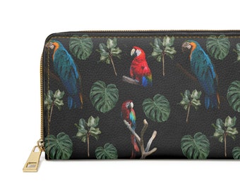 Cartera con cremallera y estampado de loros y hojas de acuarela