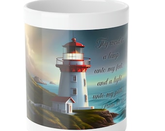 Taza de cerámica blanca con versículo bíblico religioso del faro