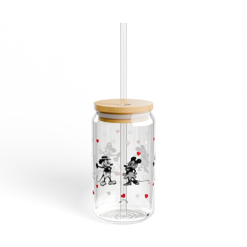 Vaso de cristal de Mickey Mouse y Minnie con tapa de bambú, taza de viaje de 16 oz imagen 1
