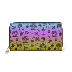Cartera con cremallera estampada de verano con degradado de playa, conchas marinas, palmeras tropicales, sol, arena, paraíso, arte de palabras