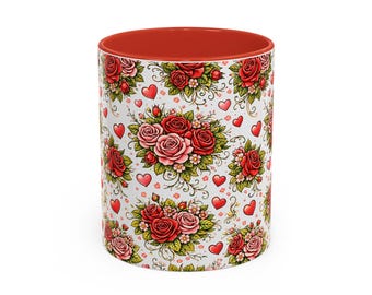 Taza con ramo de rosas tatuadas vintage y detalles en rojo y rosa