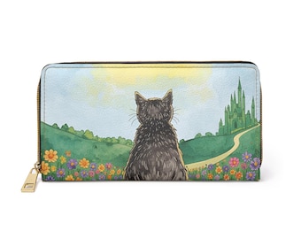 Cartera con cremallera impresa con estampado artístico de gatos negros y jardín floral de Road To Oz Castle