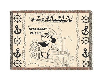 Steamboat Willie Vintage Mickey Mouse Disney Cartoon Theme Blanket Cozy Home Decor Woven Blanket