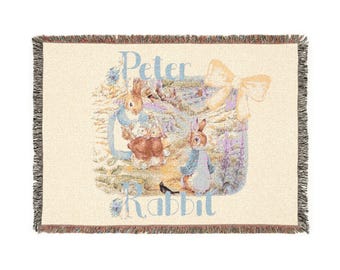Vintage Peter Rabbit Cartoon Woven Blanket with Fringes Bunny