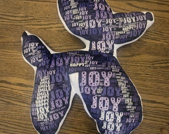 Balloon Dog Word Art Throw Pillow: Joy, Smile, Happy Phrases