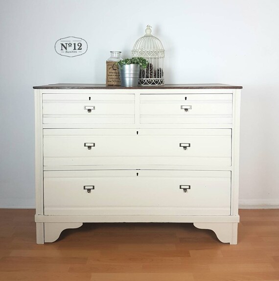 Sold Shabby Chic Chest Of Drawers Vintage Antique Cream With Wooden Top Hand Painted Bedroom Furniture