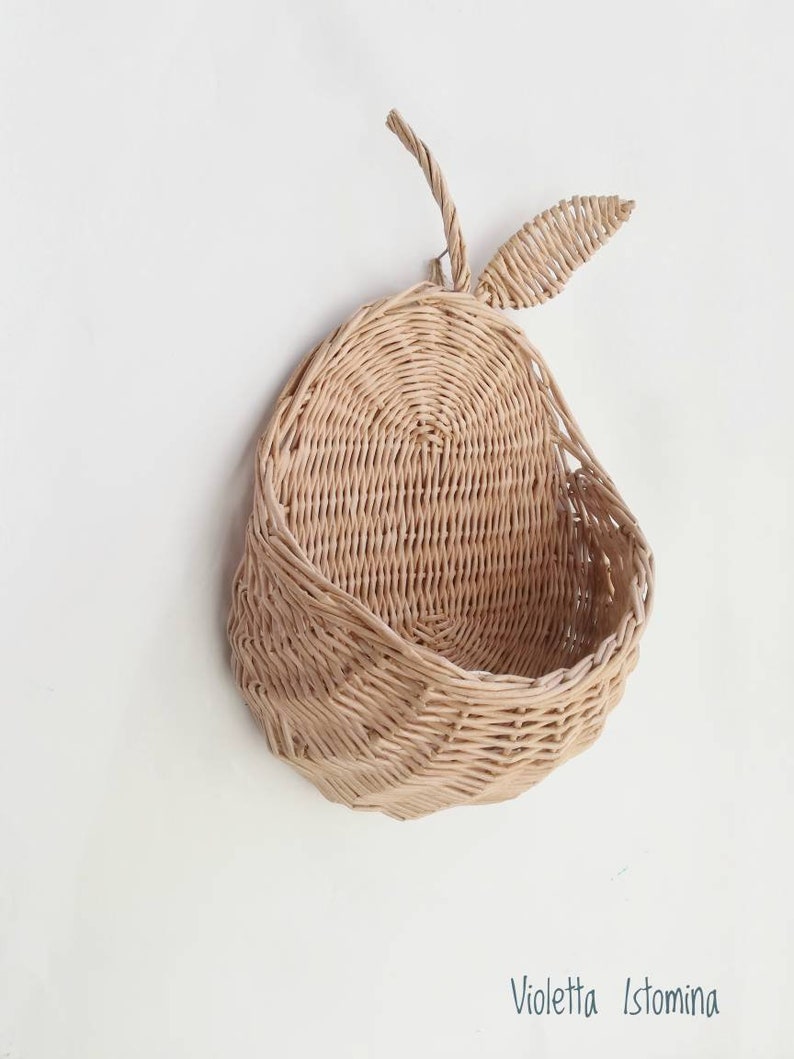 Wicker Wall Hanging Pear Basket Baby Toy Storage Rustic Pocket Vintage Rattan Baske