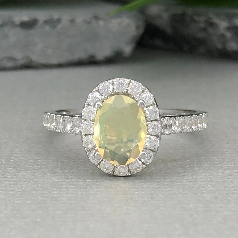 Natural Welo Ethiopian Opal Ring Art Deco Oval Multi Color Opal Diamond Simulated Sterling Silver Promise Engagement Ring