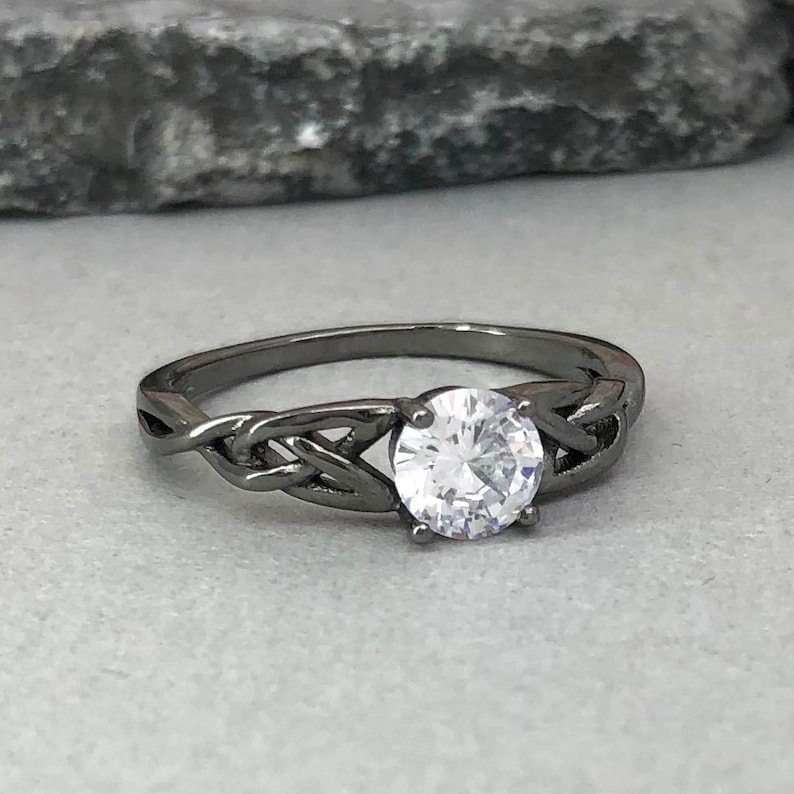 Black Rhodium Celtic Ring Round Diamond Simulated Celtic Ring Trinity Celtic Ring 925 Sterling Silver Solitaire Promise Engagement Ring