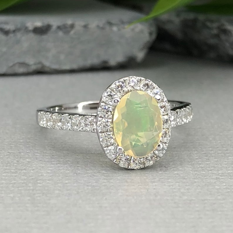 Natural Welo Ethiopian Opal Ring Art Deco Oval Multi Color Opal Diamond Simulated Sterling Silver Promise Engagement Ring
