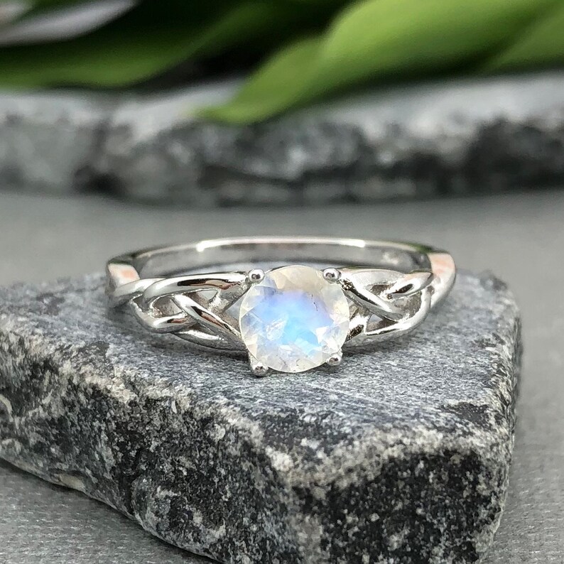 14K Solid White Gold Round Moonstone Celtic Ring Round Rainbow Moonstone Ring Trinity Celtic Ring Solitaire Promise Engagement Ring