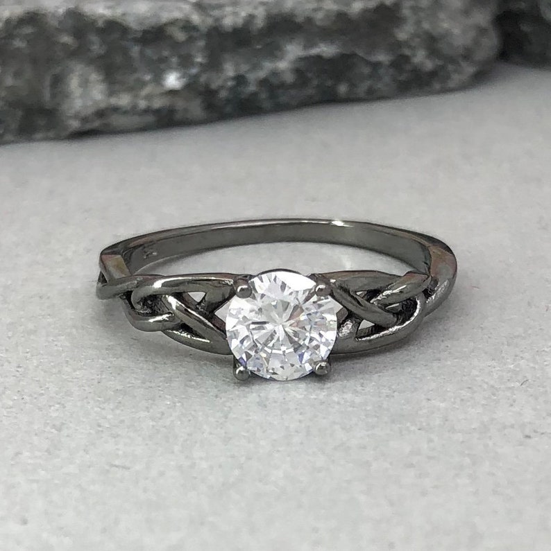 Black Rhodium Celtic Ring Round Diamond Simulated Celtic Ring Trinity Celtic Ring 925 Sterling Silver Solitaire Promise Engagement Ring
