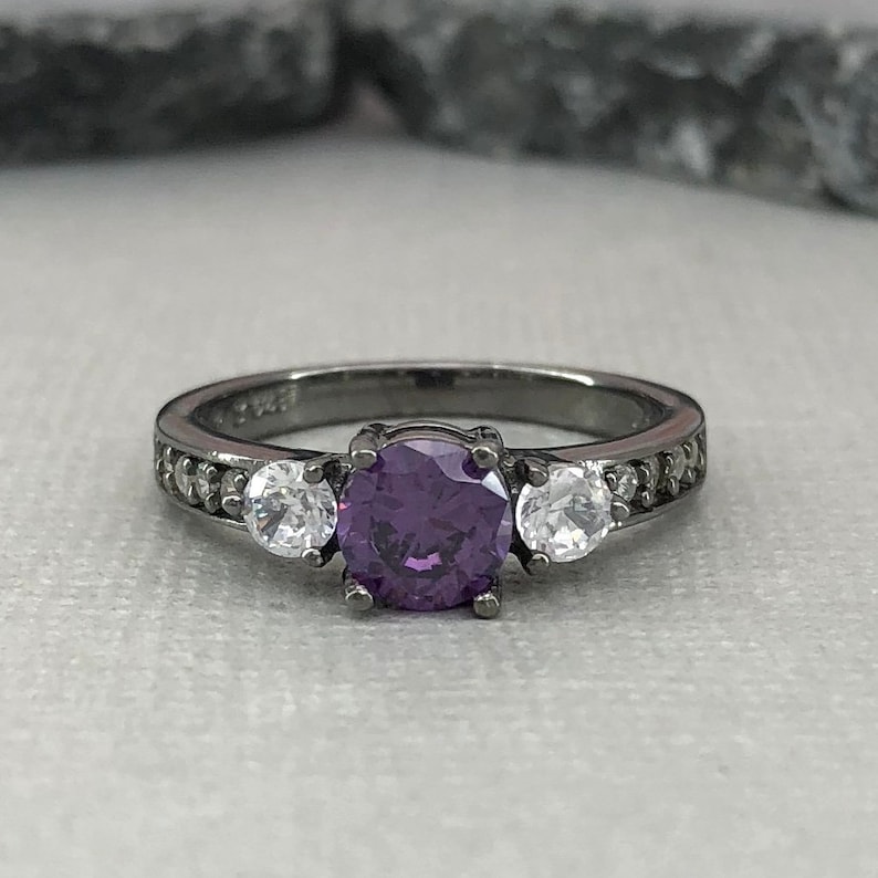 Round Amethyst Diamond Simulant Ring Black Gold Sterling Silver Ring Three Stone Wedding Engagement Promise Ring