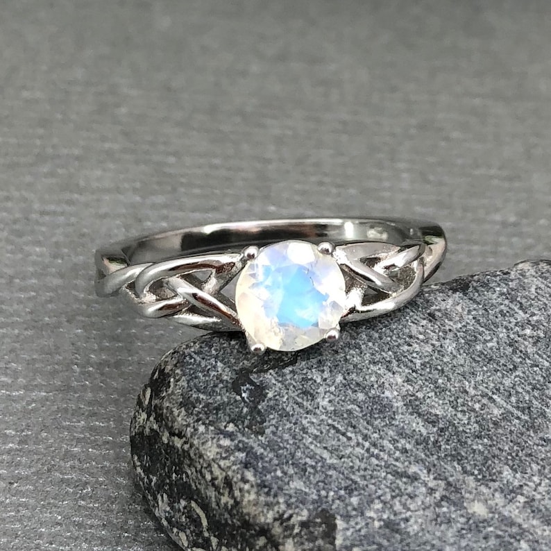14K Solid White Gold Round Moonstone Celtic Ring Round Rainbow Moonstone Ring Trinity Celtic Ring Solitaire Promise Engagement Ring