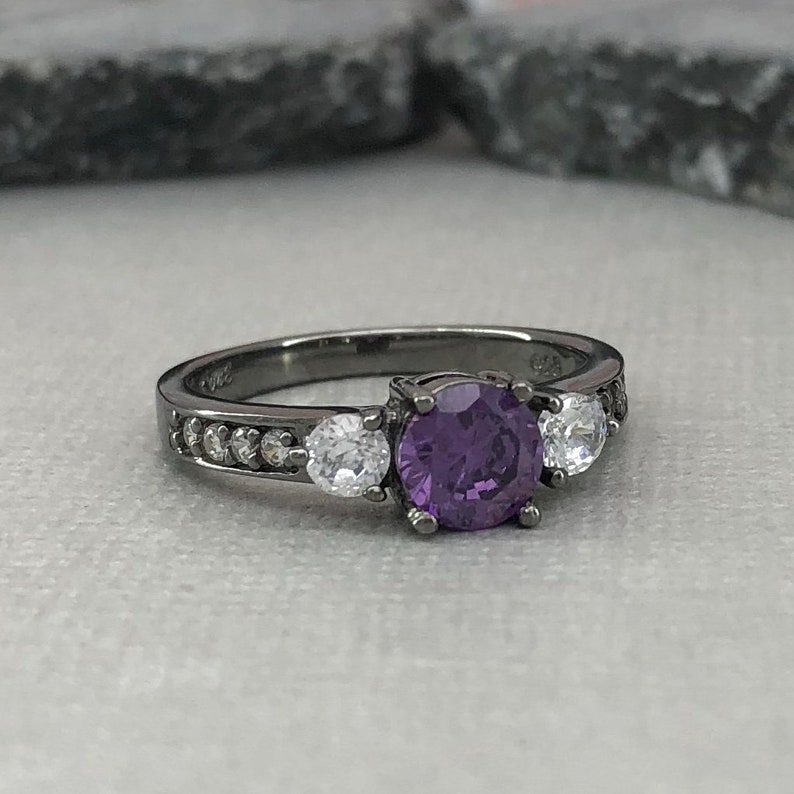 Round Amethyst Diamond Simulant Ring Black Gold Sterling Silver Ring Three Stone Wedding Engagement Promise Ring