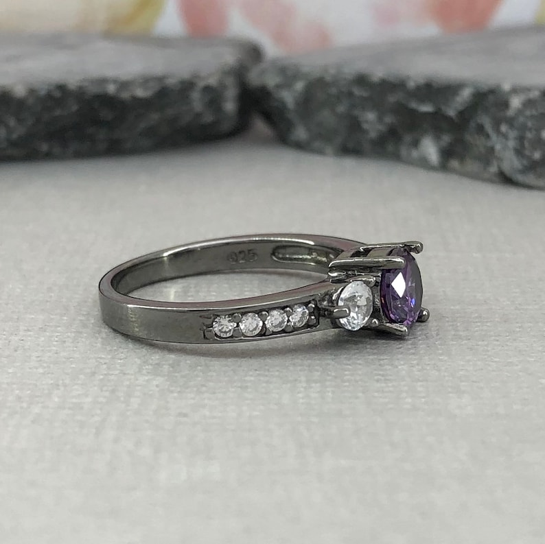 Round Amethyst Diamond Simulant Ring Black Gold Sterling Silver Ring Three Stone Wedding Engagement Promise Ring