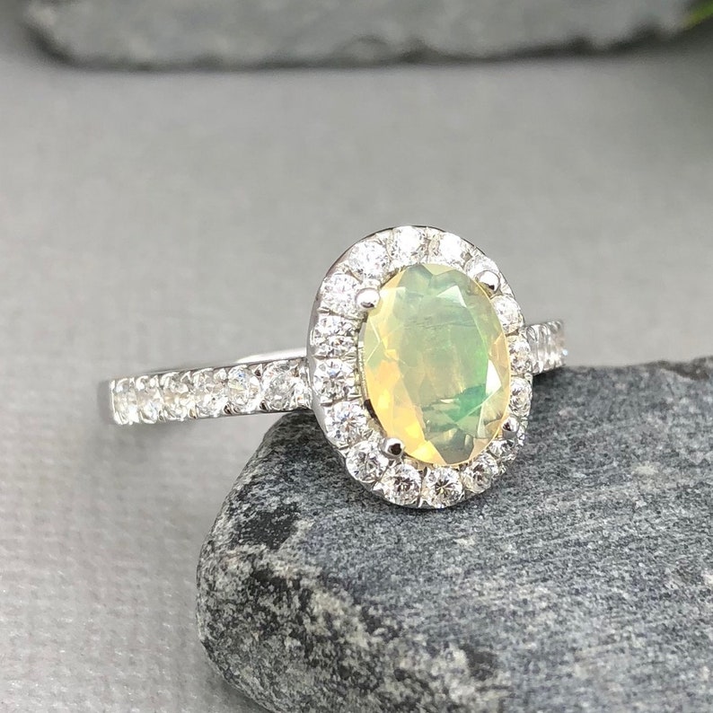 Natural Welo Ethiopian Opal Ring Art Deco Oval Multi Color Opal Diamond Simulated Sterling Silver Promise Engagement Ring