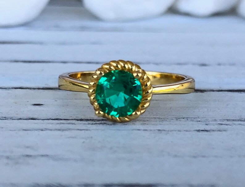 Yellow Gold Round Cut 1.10Ct Colombian Emerald Stone Sterling Silver Engagement Wedding Rope Design Ring Lab Created Emerlad Ring