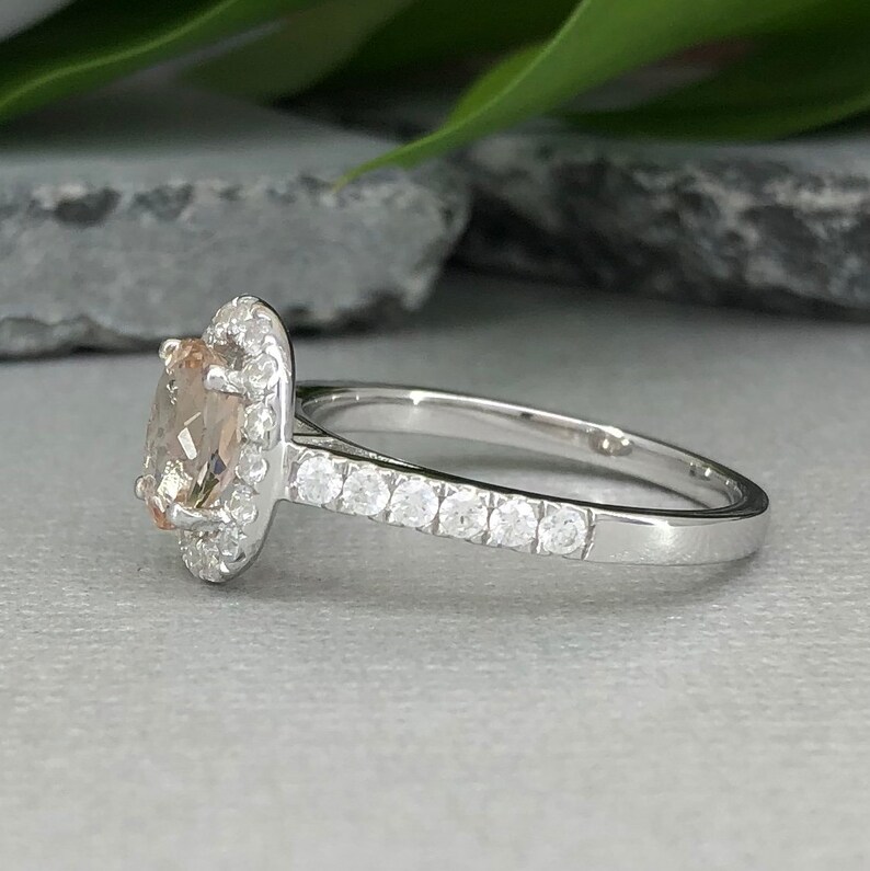 Natural Peach Morganite Ring Art Deco Oval Morganite Diamond Simulated Sterling Silver Promise Engagement Ring