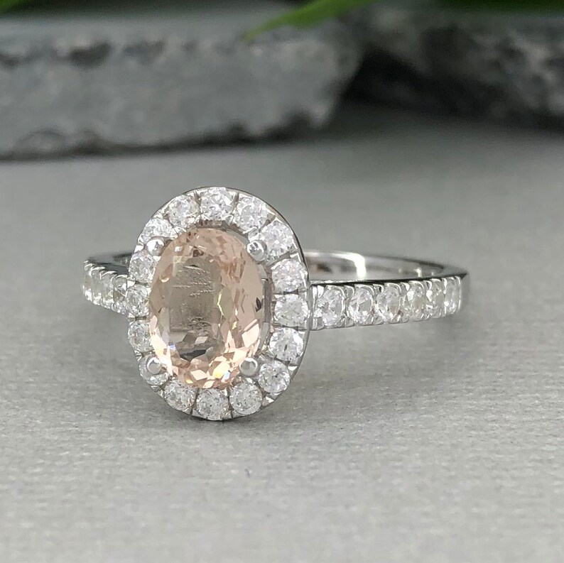 Natural Peach Morganite Ring Art Deco Oval Morganite Diamond Simulated Sterling Silver Promise Engagement Ring