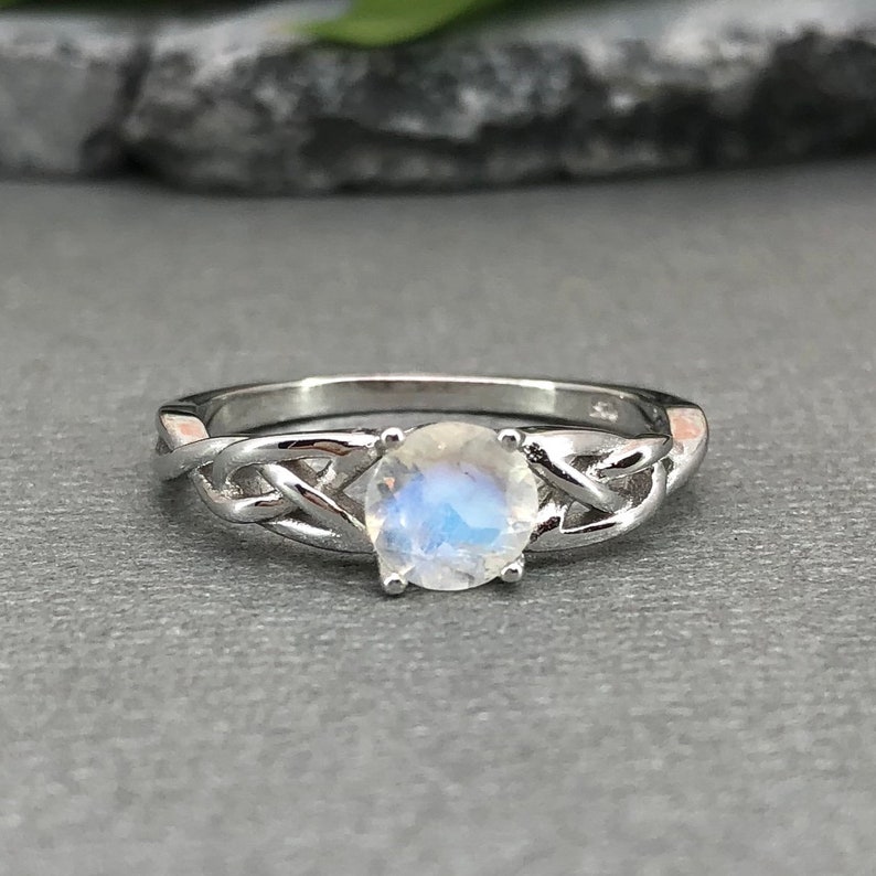 14K Solid White Gold Round Moonstone Celtic Ring Round Rainbow Moonstone Ring Trinity Celtic Ring Solitaire Promise Engagement Ring