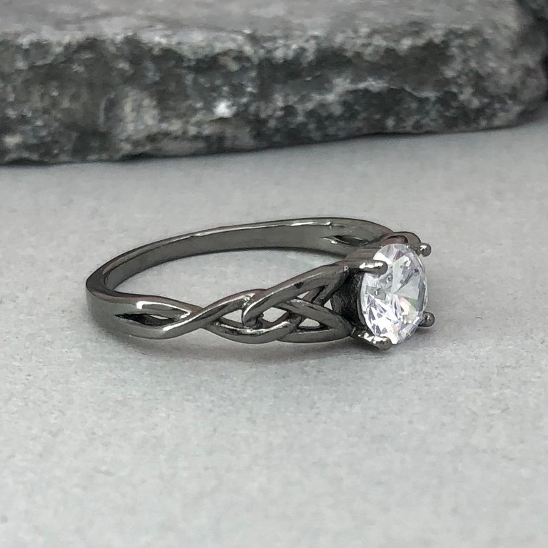 Black Rhodium Celtic Ring Round Diamond Simulated Celtic Ring Trinity Celtic Ring 925 Sterling Silver Solitaire Promise Engagement Ring