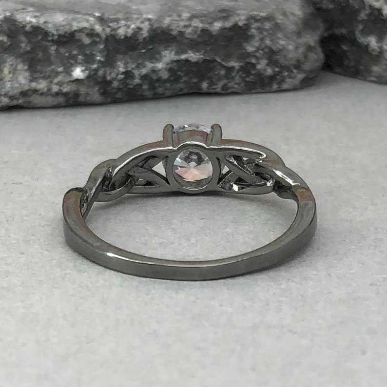 Black Rhodium Celtic Ring Round Diamond Simulated Celtic Ring Trinity Celtic Ring 925 Sterling Silver Solitaire Promise Engagement Ring