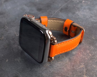 Neon Orange Slim Leather Apple Watch Band for Women, Personalized Watch Strap, Gift for Mom, Gift for Wife, Anniversary Gift, Christmas Gift
