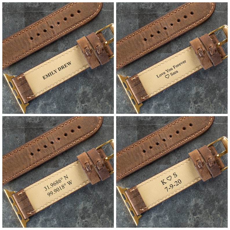 May include: Four brown leather watch bands with gold-colored clasps. Each band is personalized with text: "EMILY DREW", "Love You Forever Sara", coordinates, and initials with a date. The bands are on a dark gray surface.